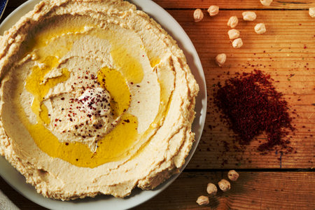 Middle Eastern cuisine: freshly made hummous, a spread made from chickpeas and seasoned with sumac and oil. Served with flat bread.の写真素材