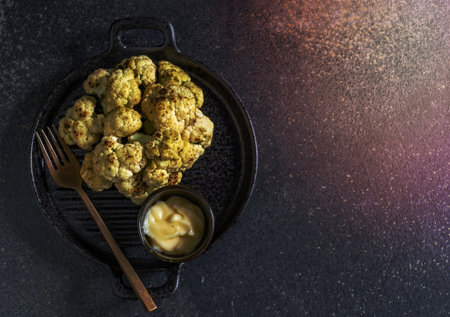 Roasted cauliflower salad in bowl has mayonnaise on black stone background close up, top view, healthy food concept.の写真素材