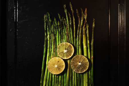 Asparagus grill with lemon in black tray top view, close up, healthy food concept.の写真素材