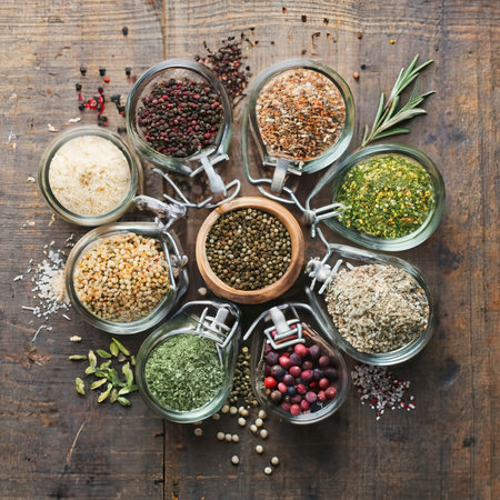 Assorted of spice bottles condiment black pepper ,white pepper, black mustard,white mustard,fenugreek,cumin and fennel seeds on wooden backgroundの素材