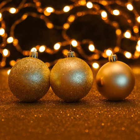 Abstract colorful bokeh light on golden background. Christmas and New Year themeの素材
