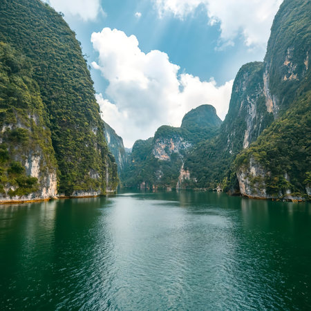 Beautiful scene Blue clear water with rock mountain at Ratchaprapa Dam, Suratthani, Thailandの素材