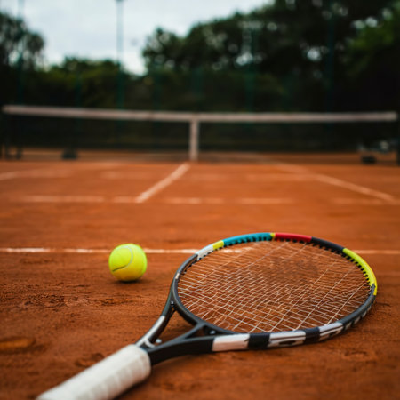 Close-up of tennis racket and tennis ball laying on the courtの素材