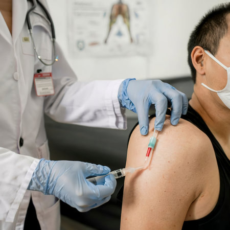 Doctor making injection vaccination patient to prevent pandemic of the disease, flu or influenza virus in clinicの素材