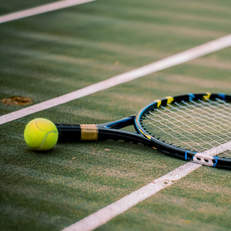 Close-up of tennis racket and tennis ball laying on the courtの素材