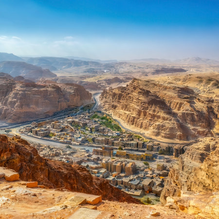 Cityscape view of Wadi Musa town located in southern Jordan and the nearest town to the archaeological site of Petraの素材