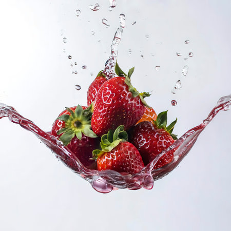 Fresh strawberries thrown into the water with a white background in studioの素材