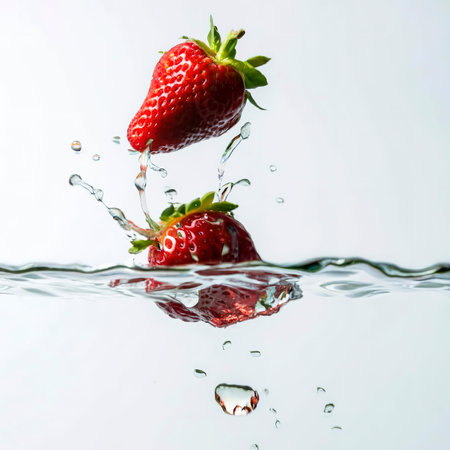 Fresh strawberries thrown into the water with a white background in studioの素材