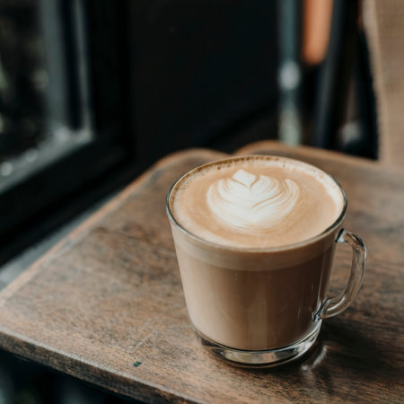 glass of coffee with milk on the tableの素材