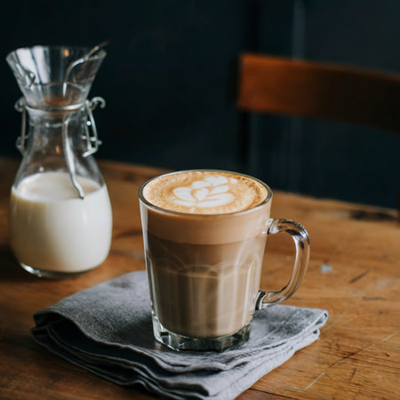glass of coffee with milk on the tableの素材