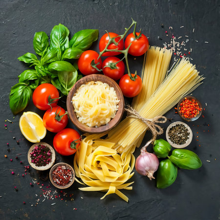 Italian food or ingredients background with fresh vegetables, pasta, cheese parmesan and spices. Top view, view from above. Copy space. Dark backgroundの素材