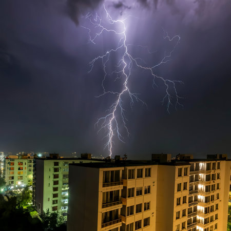 Lightning strike somewhere behind the block of flats in nightの素材
