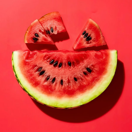 Juicy watermelon slices on a vibrant red background, a refreshing summer treat. Flat layの素材