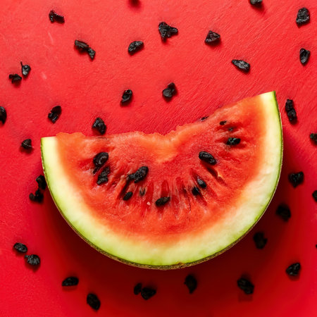 Juicy watermelon slices on a vibrant red background, a refreshing summer treat. Flat layの素材