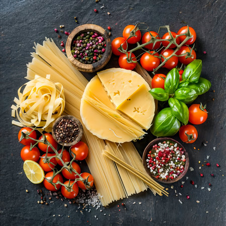 Italian food or ingredients background with fresh vegetables, pasta, cheese parmesan and spices. Top view, view from above. Copy space. Dark backgroundの素材