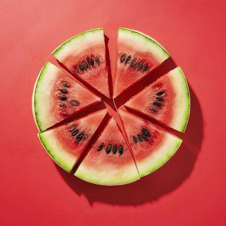 Juicy watermelon slices on a vibrant red background, a refreshing summer treat. Flat layの素材