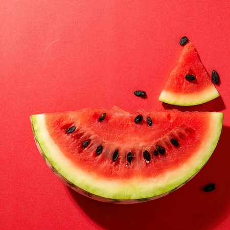 Juicy watermelon slices on a vibrant red background, a refreshing summer treat. Flat layの素材