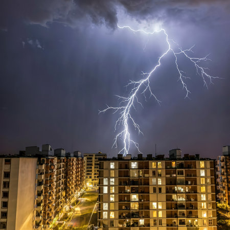 Lightning strike somewhere behind the block of flats in nightの素材