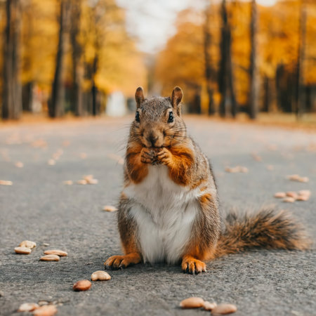 Squirrel sits on the asphalt in an autumn park and waits for a nutの素材