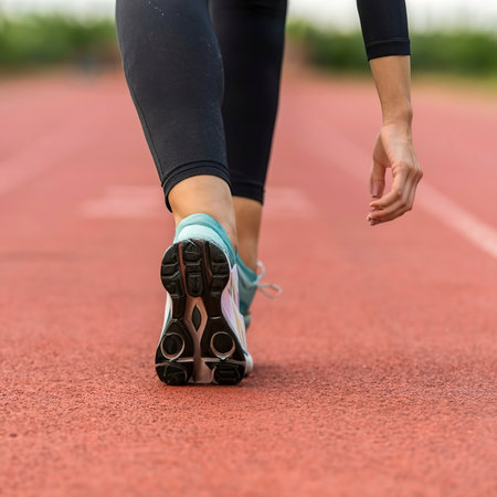 Ready to run. Close-up image of woman in sports shoes standing in starting lineの素材