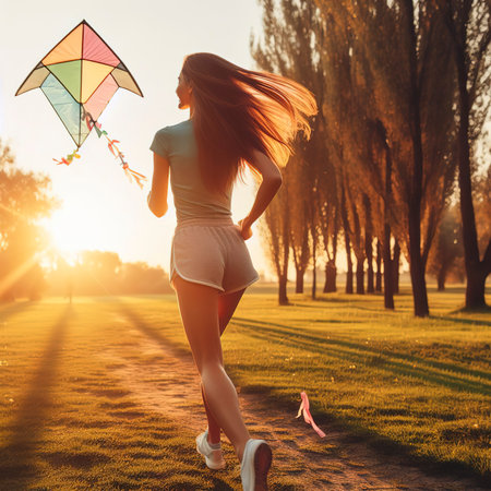Active lifestyle. Happiness concept. Happy young woman running with a kite in a park at sunsetの素材