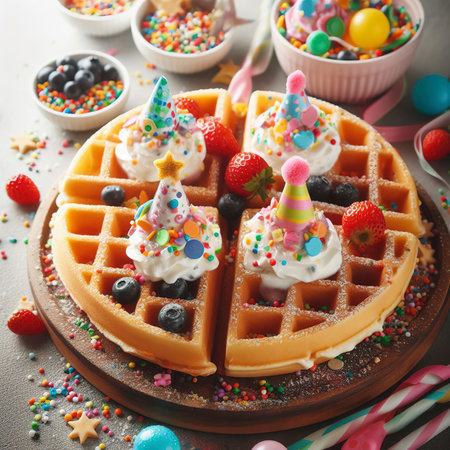 Birthday party waffles with youghurt and colorful sprinklesの素材