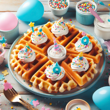 Birthday party waffles with youghurt and colorful sprinklesの素材