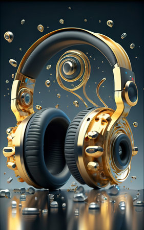 black and golden headphones with gold hues.. blasting sound waves and creating a force fieldの素材