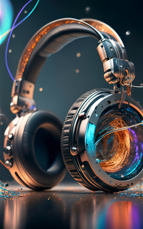 black and silver headphones with platinum chromes.. blasting rainbow sound waves and creating a force fieldの素材