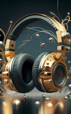 black and golden headphones with gold hues.. blasting sound waves and creating a force fieldの素材