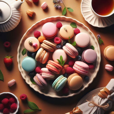 Flat lay macarons on the wooden tableの素材