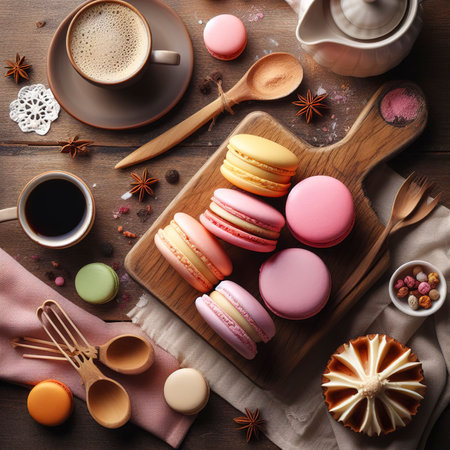 Flat lay macarons on the wooden tableの素材