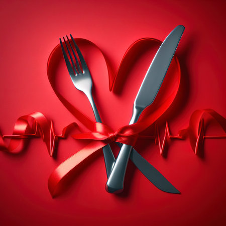 Fork and knife tied with a red ribbon in a shape of heart rate on red backgroundの素材