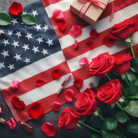 Independence Day USA concept. Memorial Day. Red roses over the USA flag top view flat lay with copy spaceの素材