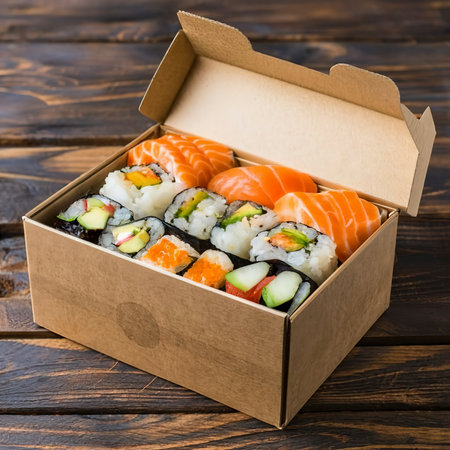 Sushi to go concept. Takeaway box with sushiの素材