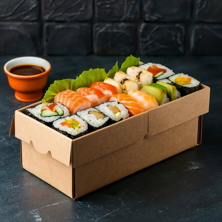 Sushi to go concept. Takeaway box with sushiの素材