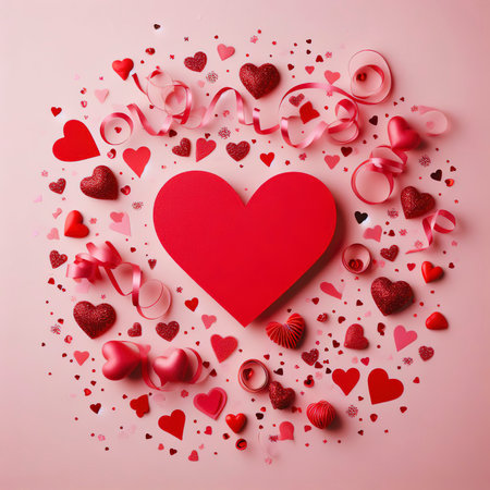 Valentines Day. Red heart shape confetti heart top view flat lay on pink background. Copy spaceの素材