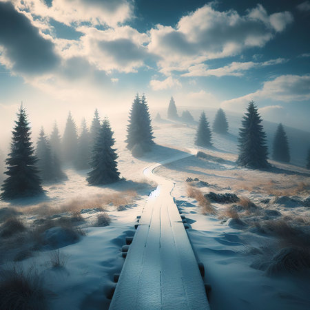 A snowy landscape with a wooden path in the foreground and a blue sky with cloudsの素材