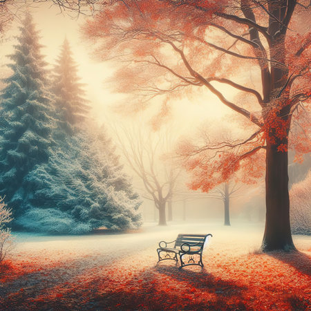 Autumn and winter landscape with bench and treesの素材