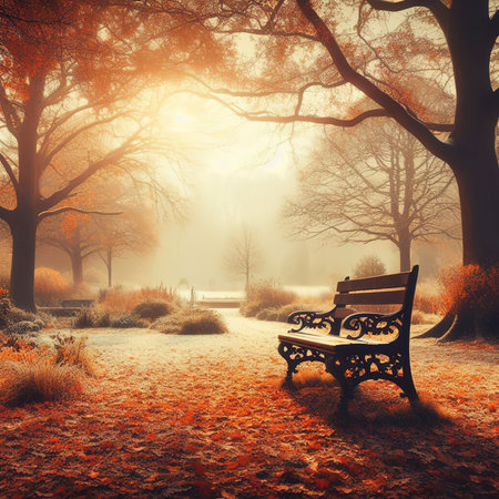Autumn and winter landscape with bench and treesの素材