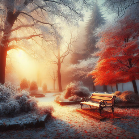 Autumn and winter landscape with bench and treesの素材