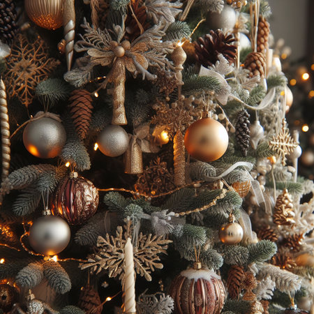 Close up on beautifully decorated christmas treeの素材
