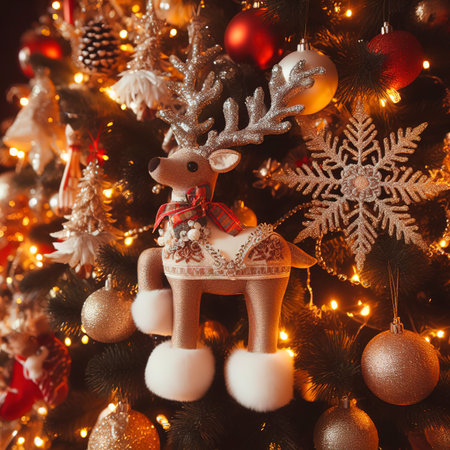 Close up on beautifully decorated christmas treeの素材