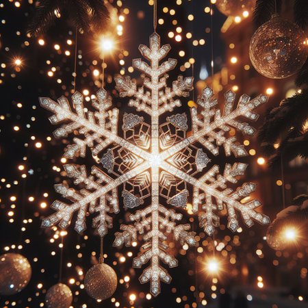 Shiny snowflake decoration glows in winter nightの素材