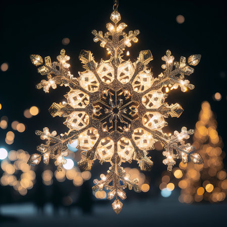 Shiny snowflake decoration glows in winter nightの素材