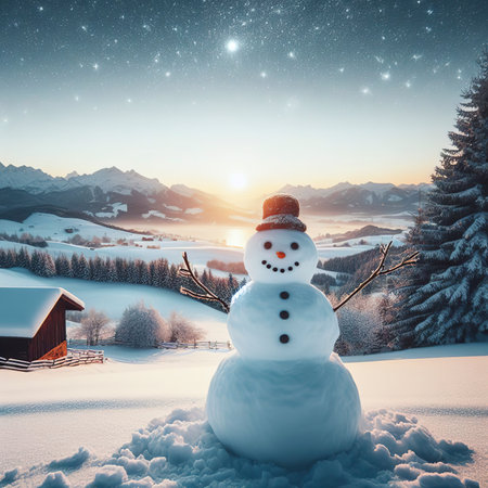 View of snowman with winter landscape and snowの素材