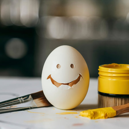 Close-up view of white egg with smiley face and open yellow paint container with brushの素材