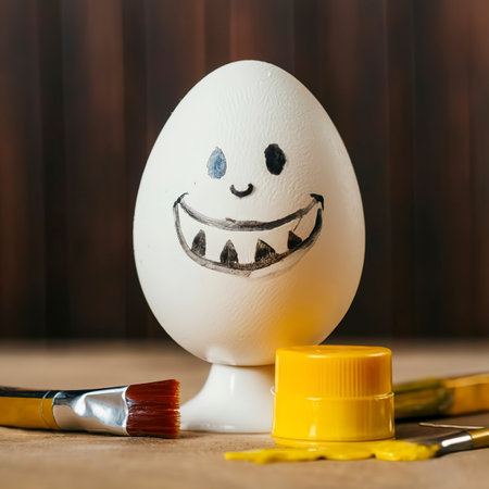 Close-up view of white egg with smiley face and open yellow paint container with brushの素材