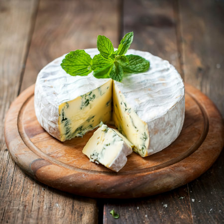 Soft cheese with mint leaves. On a rustic backgroundの素材