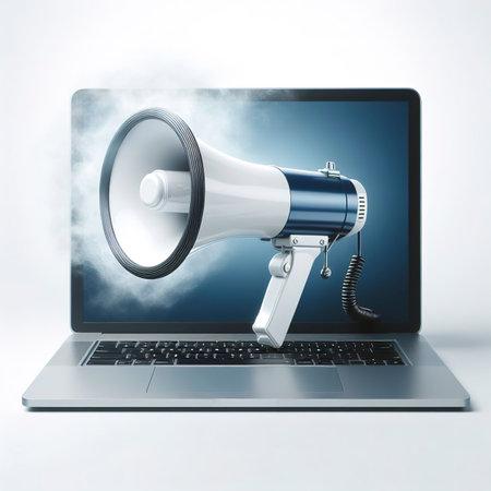 Megaphone on laptop screen, white backgroundの素材